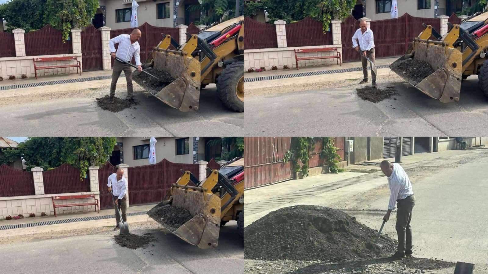 Moment istoric la Băleni! Primarul Florin Dumitru a ieșit personal pentru a repara gropile: utilajul a venit cu forța, edilul cu lopata… și cineva cu aparatul foto!